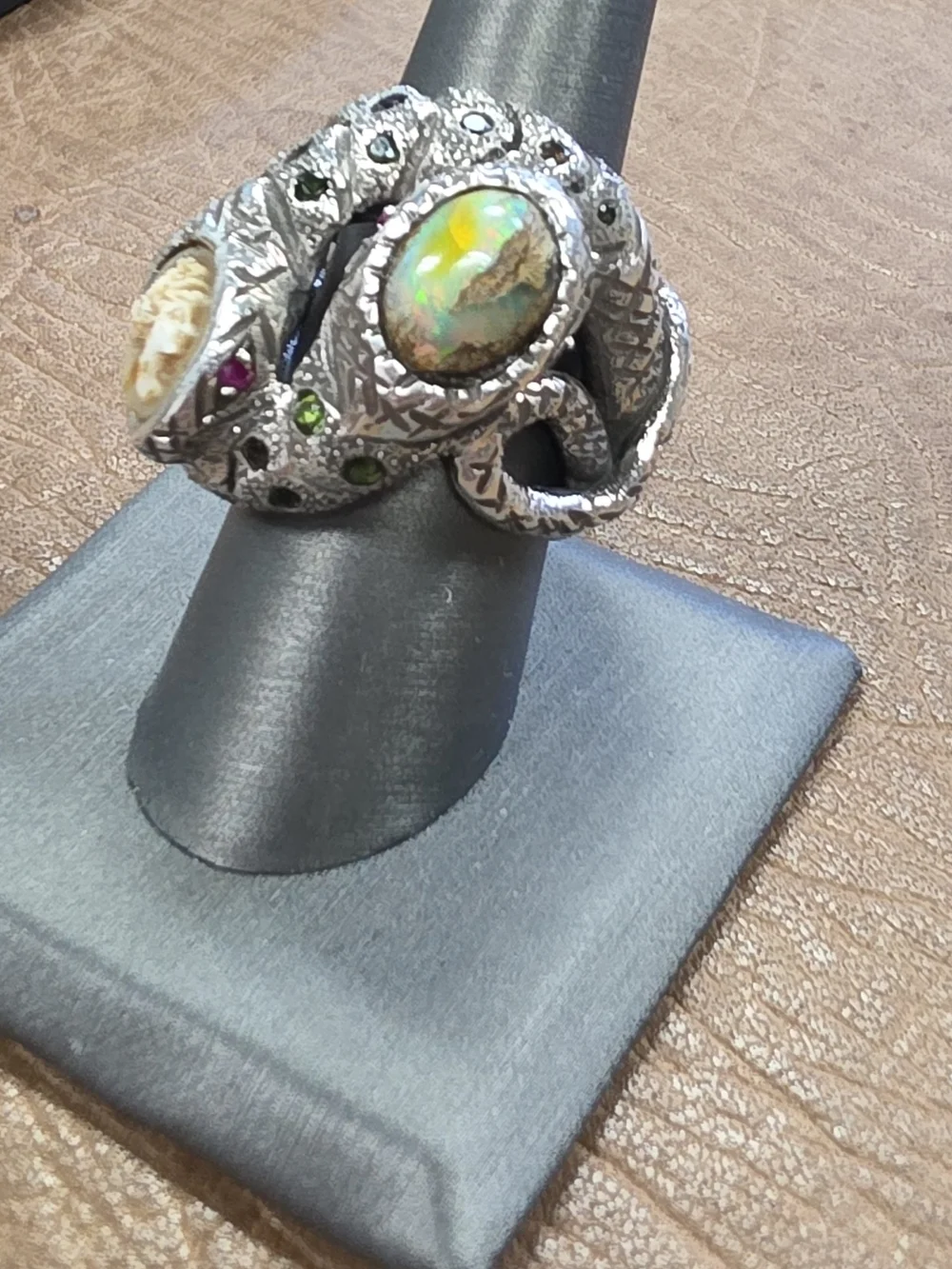 Sterling Silver Opal & Cameo Double-Headed Serpent Ring - Green Accents